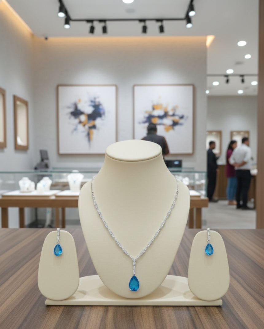 aqua blue drop diamond necklace set