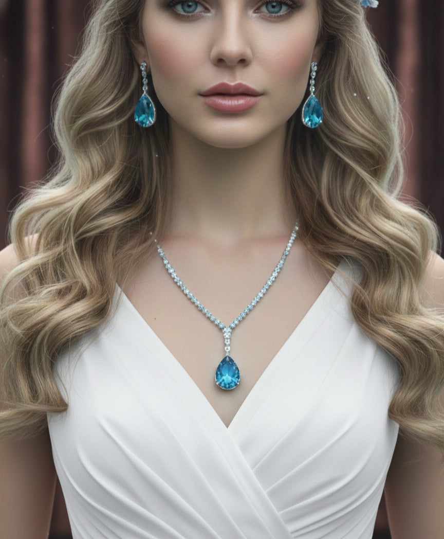 aqua blue drop diamond necklace set