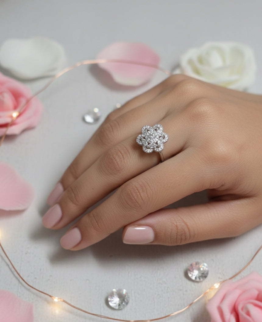 Flower shaped american diamond studded ring