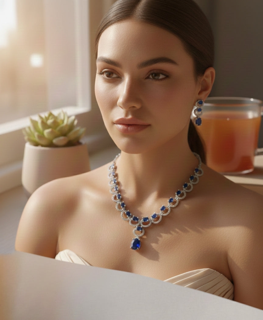 AMERICAN DIAMOND SAPPHIRE JEWELLERY SET