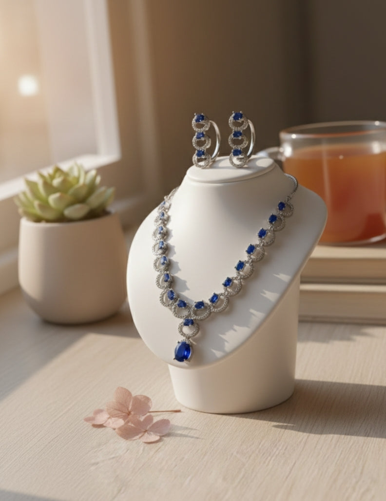 AMERICAN DIAMOND SAPPHIRE JEWELLERY SET