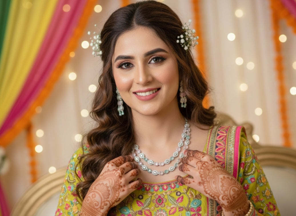 double layer mint green and pink diamond studded AD necklace