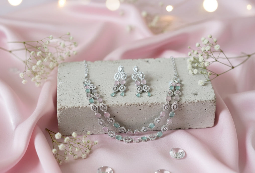double layer mint green and pink diamond studded AD necklace